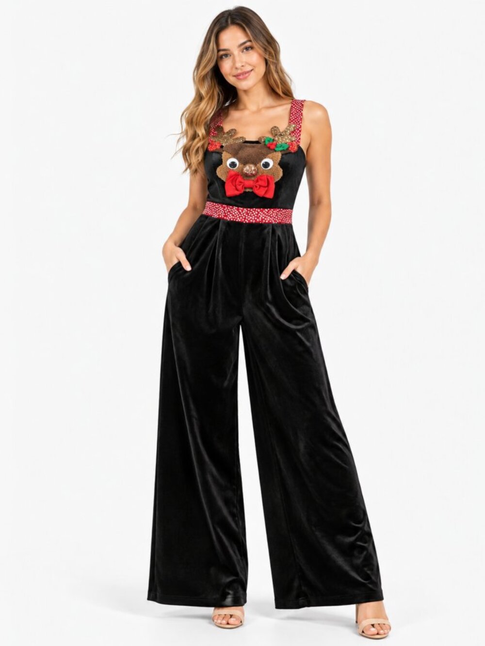 Love On A Hanger Reindeer Jumpsuit Women M Black Velvet Christmas Holiday